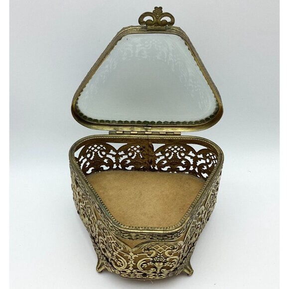1920s Jewelry Casket Triangle French Pierced Gilt Brass & Beveled Glass - Picture 3 of 8